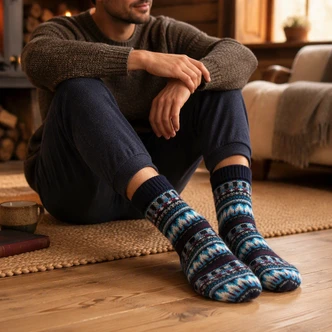 Black & Blue Aztec Knit Chunky Slipper Socks