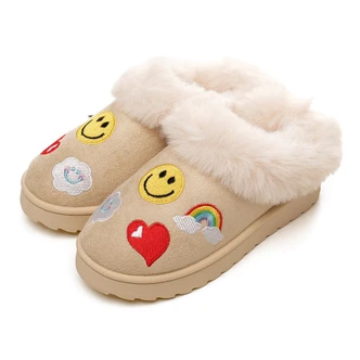 Beige Smiley & Emoji Motif Chunky Sole Slippers