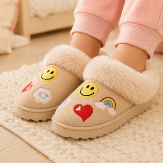 Beige Smiley & Emoji Motif Chunky Sole Slippers
