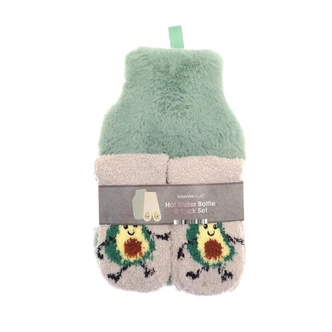 Avocado Slipper Socks & Faux Fur Hot Water Bottle Set