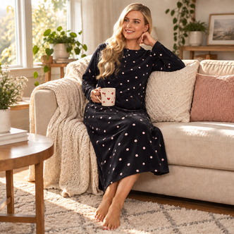 Black Spots Soft Touch Fleece Long Length Nightie
