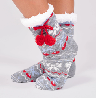 Grey Fairisle Cherry Bow Slipper Socks