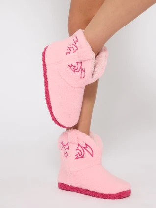 Pink Borg Fleece Cowboy Slipper Boots