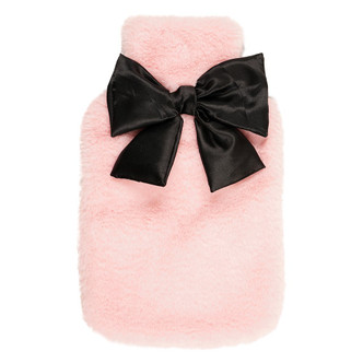 Pink Faux Fur 2L Hot Water Bottle with Black Bow