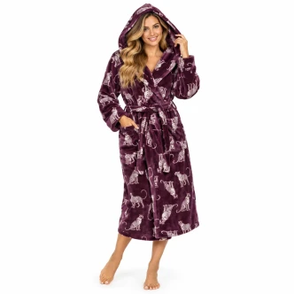Plum Leopards Plush Fleece Hooded Dressing Gown