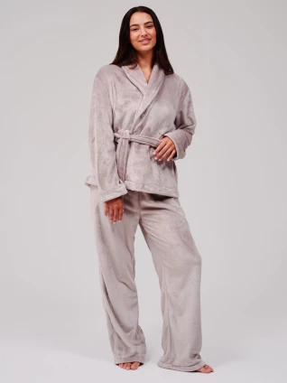 Taupe Flannel Fleece Kimono Wrap Lounge Set