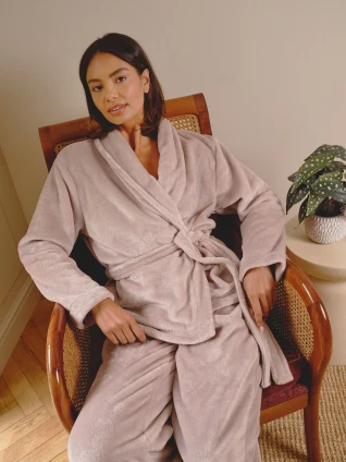 Taupe Flannel Fleece Kimono Wrap Lounge Set