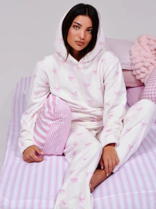 Pink Striped Bow Plush Fleece Lounge Set