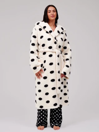 Cream Polka Dot Borg Fleece Midi Dressing Gown