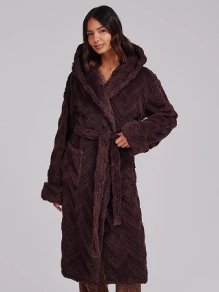 Brown Chevron Cut Luxury Fleece Midi Dressing Gown