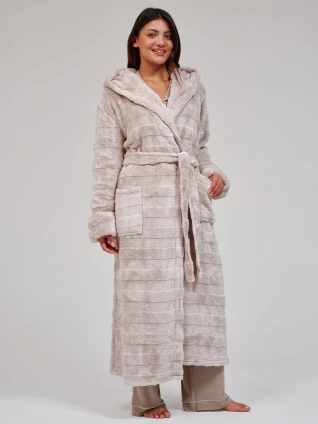 Taupe Embossed Stripe Luxury Fleece Maxi Dressing Gown