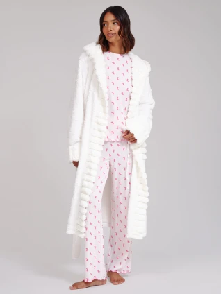 White Ridged Faux Fur Trim Luxury Fleece Midi Dressing Gown