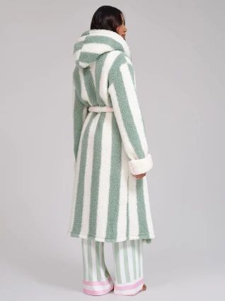 Green Stripe Pink Contrast Sherpa Midi Dressing Gown