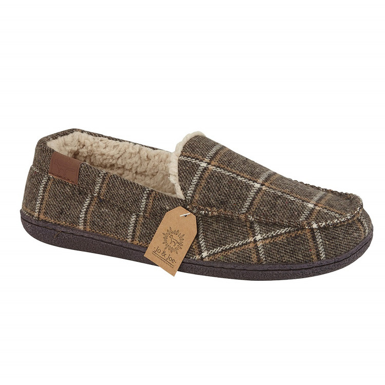 Jo & Joe Mens Swalesdale Brown Check Sherpa Lined Moccasin Slippers