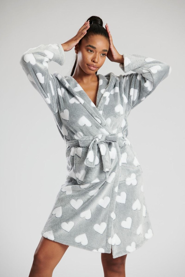 Grey Hearts Luxury Fleece Hooded Bath Robe