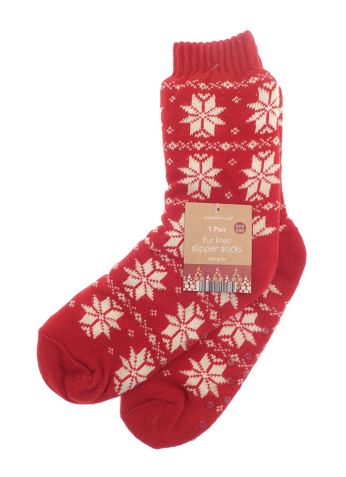 Unisex Red Nordic Snowflake Fur Lined Slipper Socks