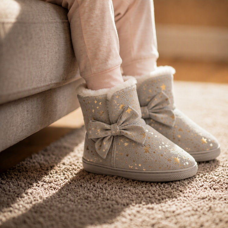 Grey Tinkerbelle Gold Foil Star Slipper Boots