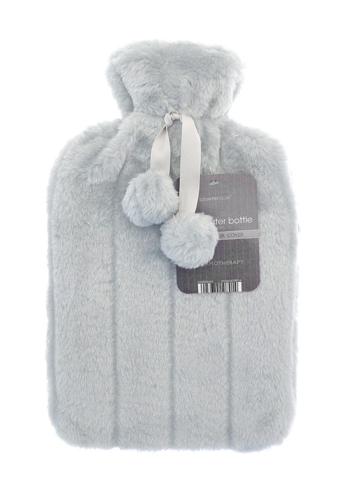 Silver Grey Cosy Faux Fur Pompom 2L Hot Water Bottle