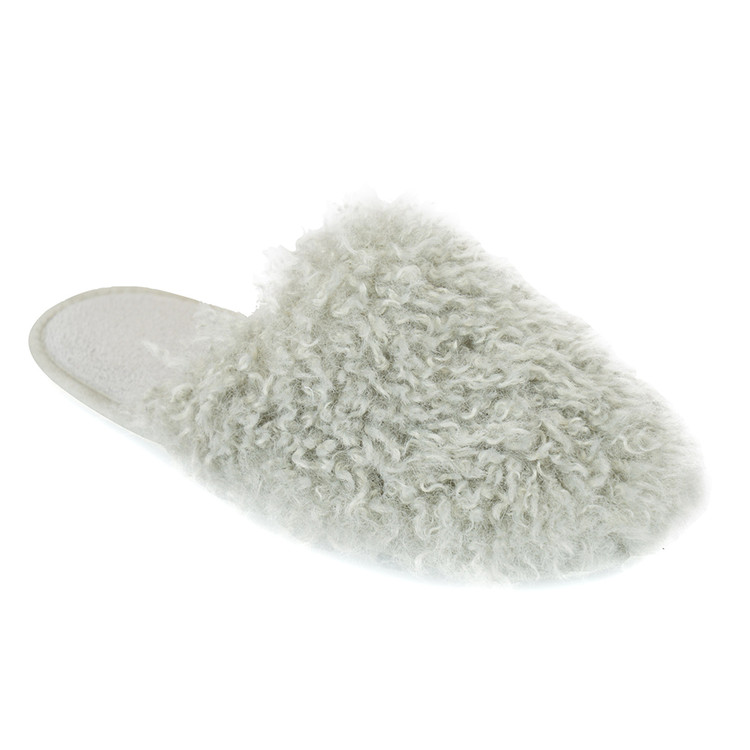 Ladies Grey Long Pile Shaggy Lion Fleece Mule Slippers