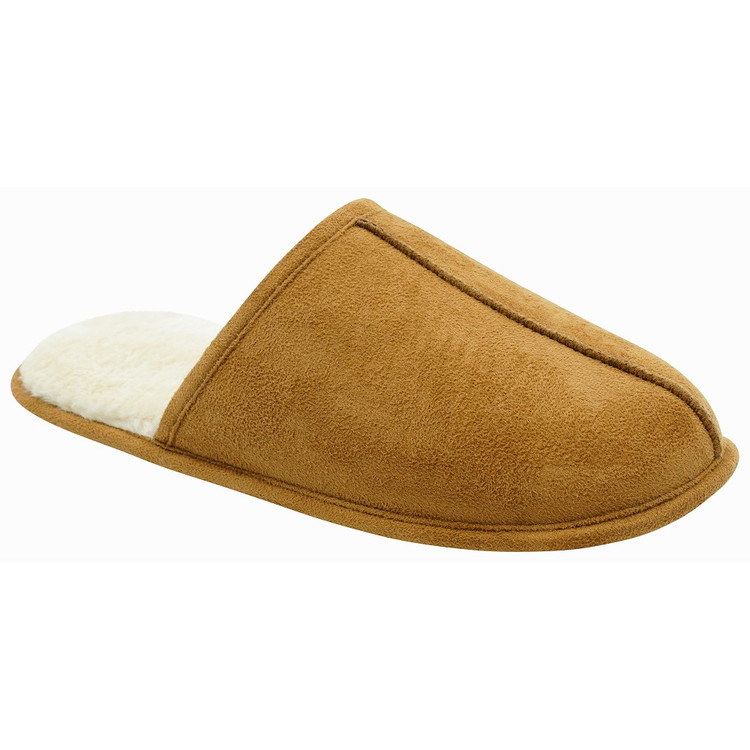 Mens Tan Suede Faux Fur Lined Mule Slippers 