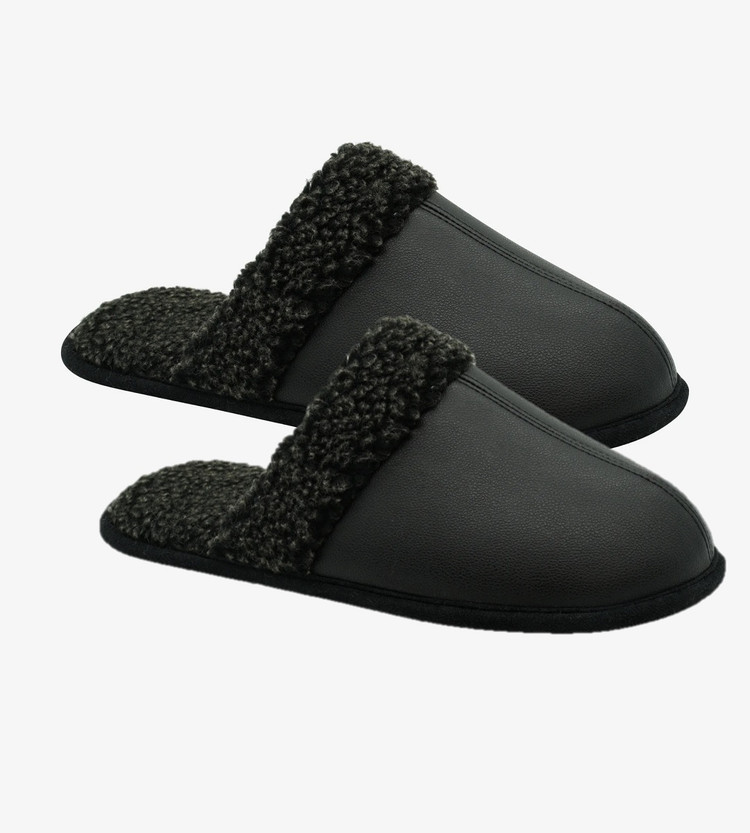 Black Faux Leather Mule Slippers