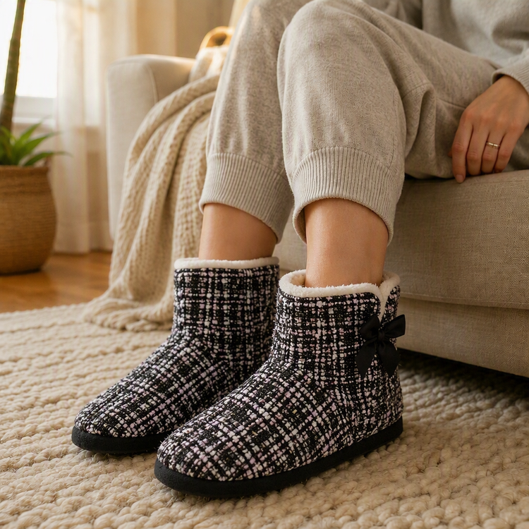 Black Flecked Tweed Sherpa Lined Slipper Boots