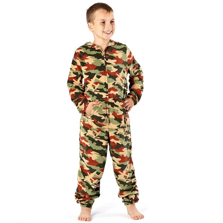 Boys Green Camouflage Print Hooded Fleece Onesie