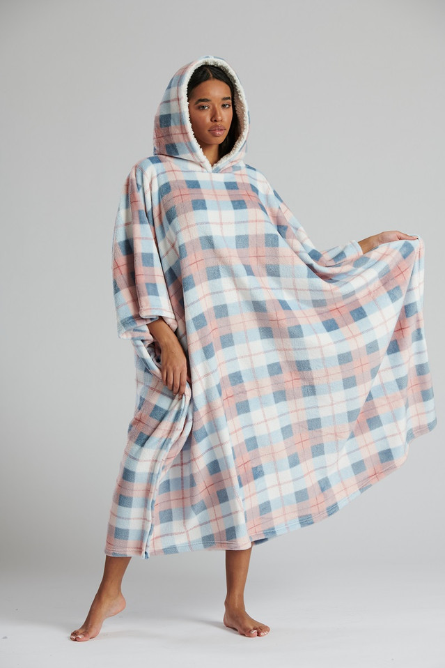 Pink & Blue Check Fleece Oversize Poncho