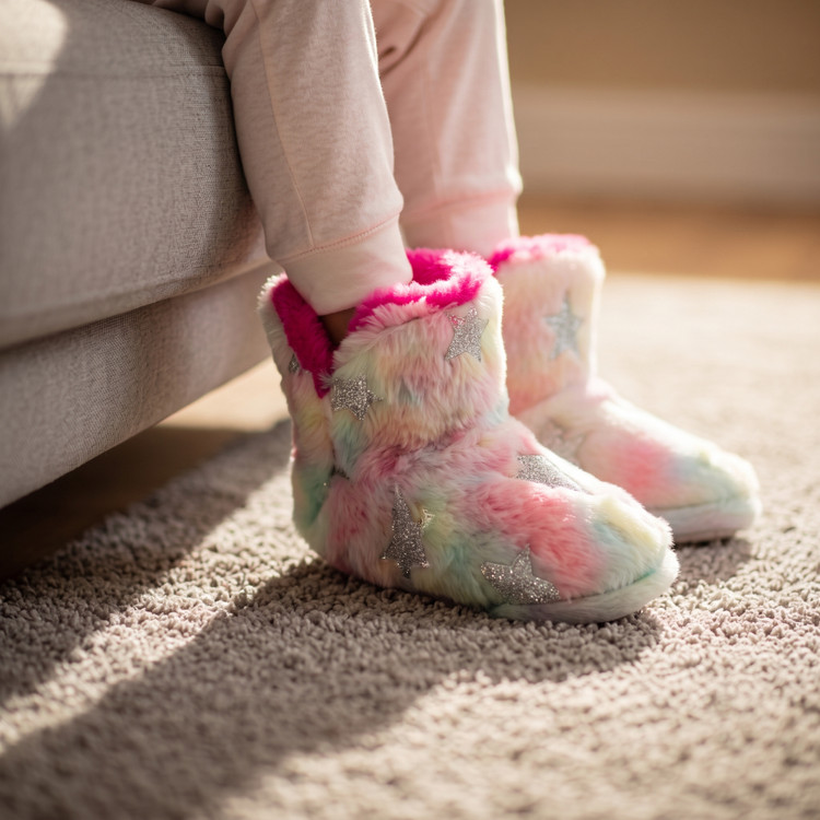 Rainbow Stars Faux Fur Slipper Boots