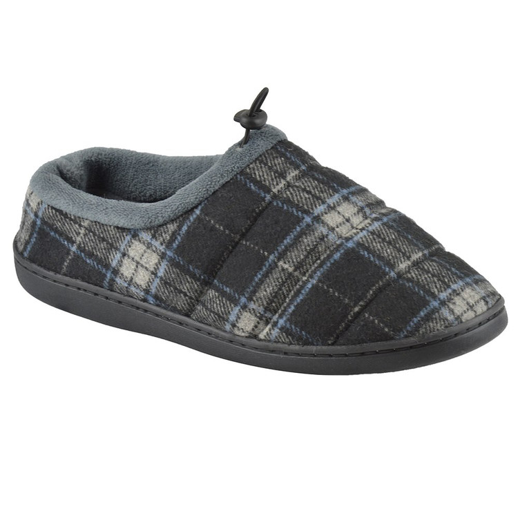 Grey Checked Quilted Textile Hard Sole Mule Slippers