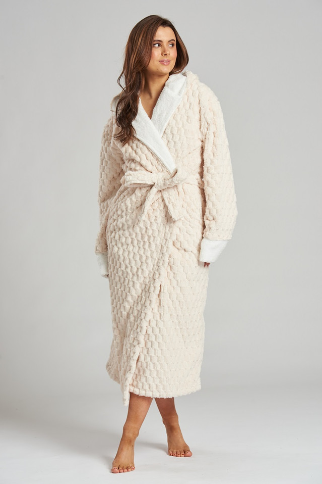 Vanilla Geometric Fleece Maxi Hooded Robe 