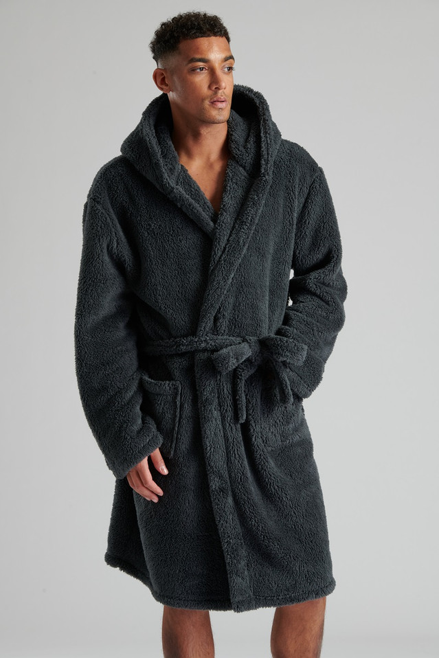 Charcoal Luxury Teddy Fleece Hooded Robe