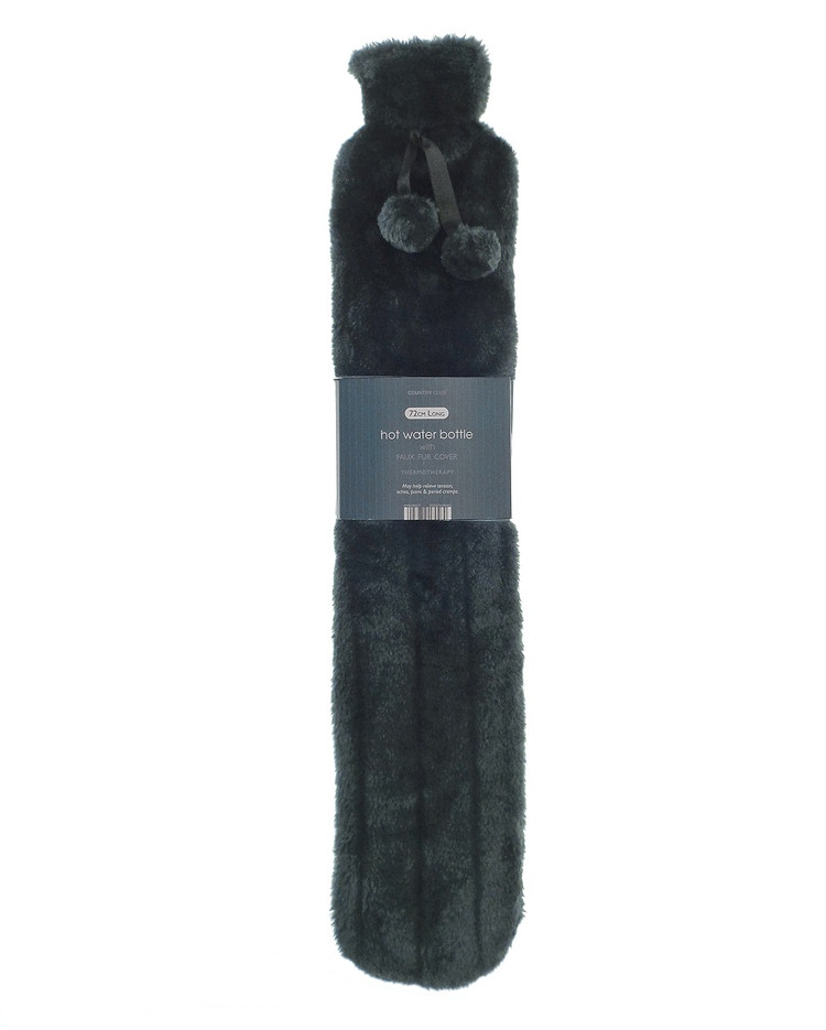 Jet Black Faux Fur Long Hot Water Bottle