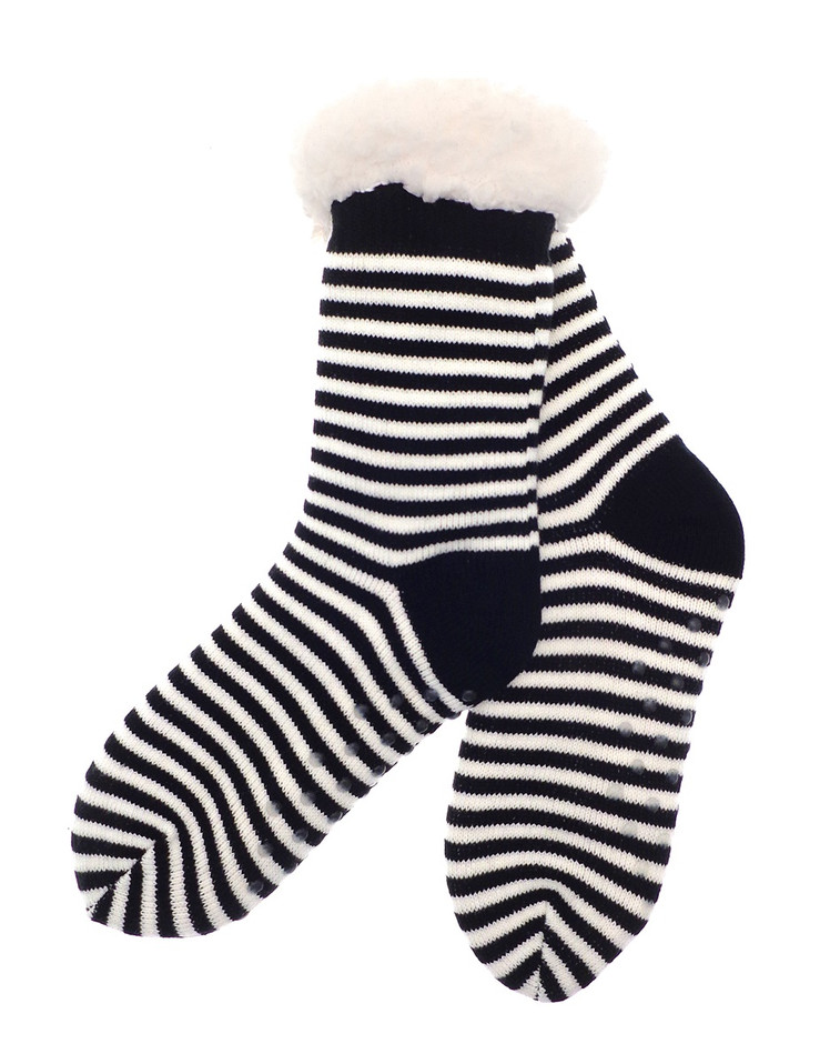 Black & White Stripe Sherpa Lined Slipper Socks
