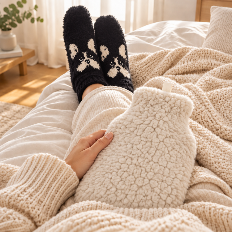 Frenchie Slipper Socks & Sherpa Hot Water Bottle Set