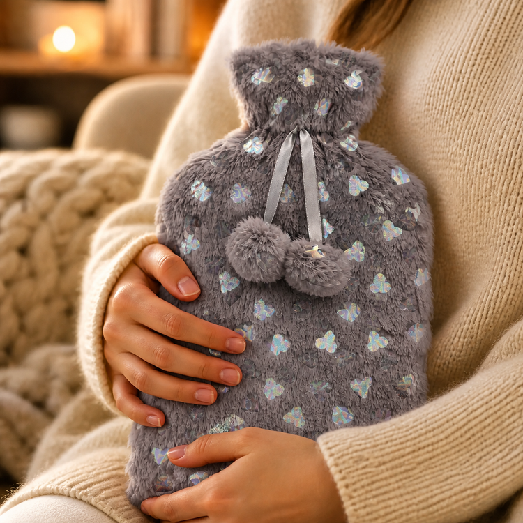 Grey Faux Fur Foil Hearts 2L Hot Water Bottle