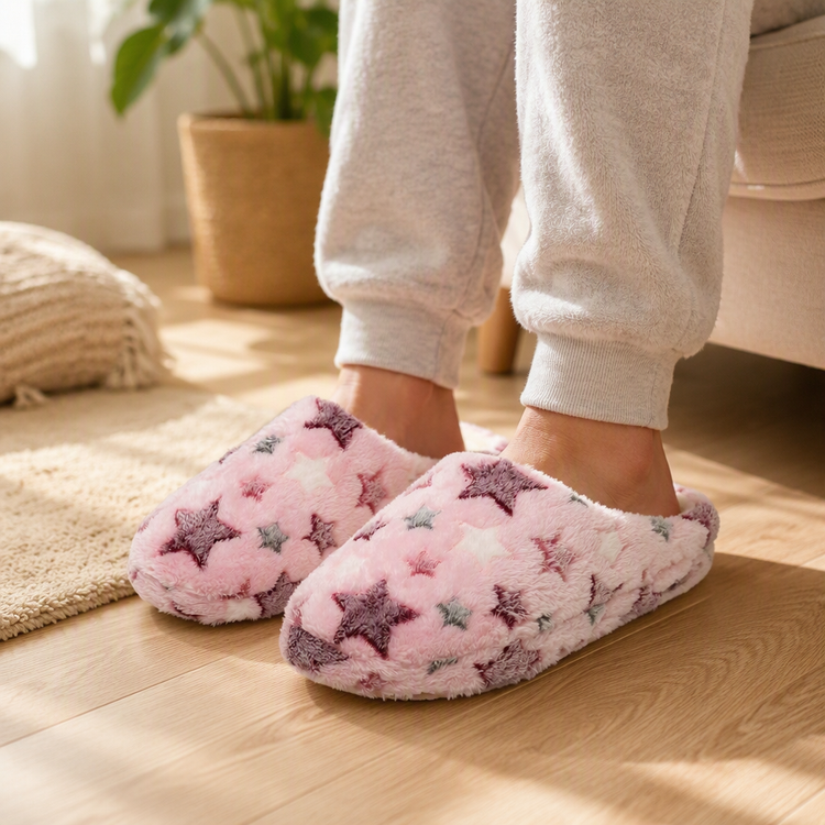 Pink Stars Jacquard Faux Fur Mule Slippers