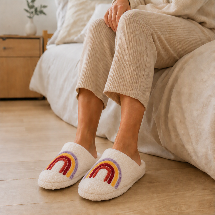 Rainbows Cream Borg Fleece Mule Slippers