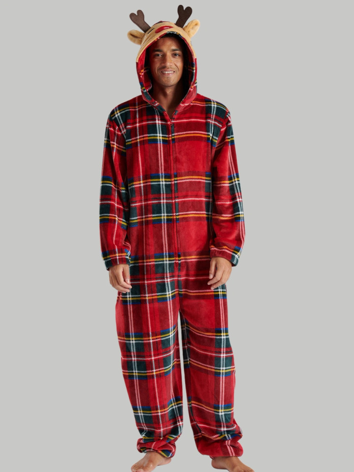 Red Tartan Reindeer Novelty 3D Hood Fleece Onesie