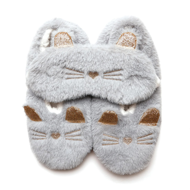 Grey Cat Faux Fur Slipper Socks & Sleep Mask