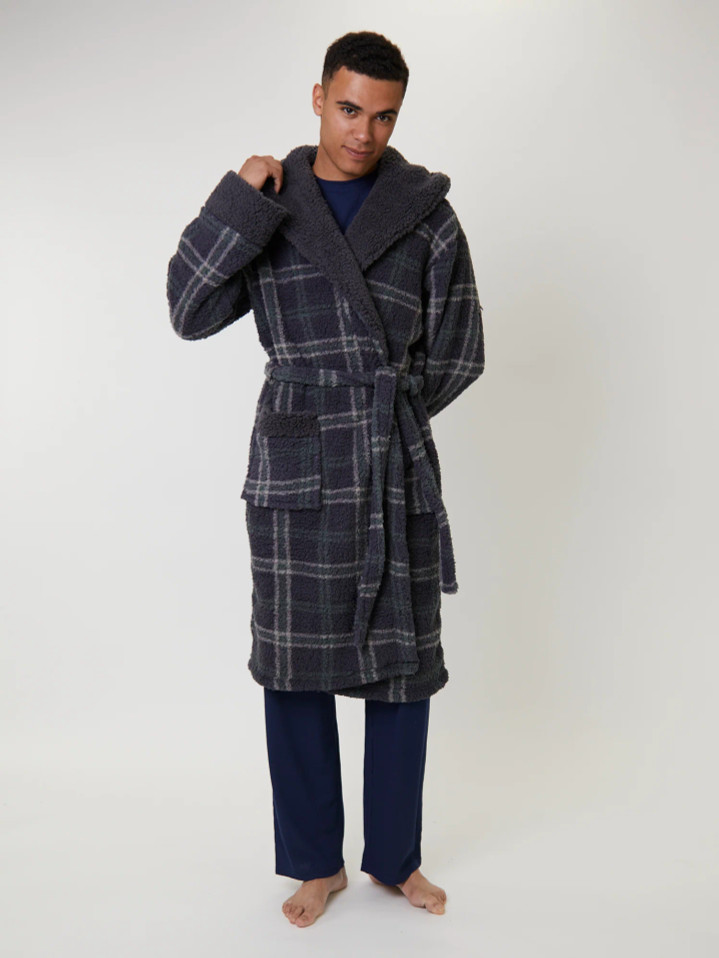 Grey Check Sherpa Fleece Hooded Robe