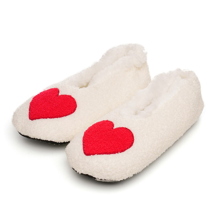 Red Heart Cream Borg Fleece Soft Sole Footsie Slippers