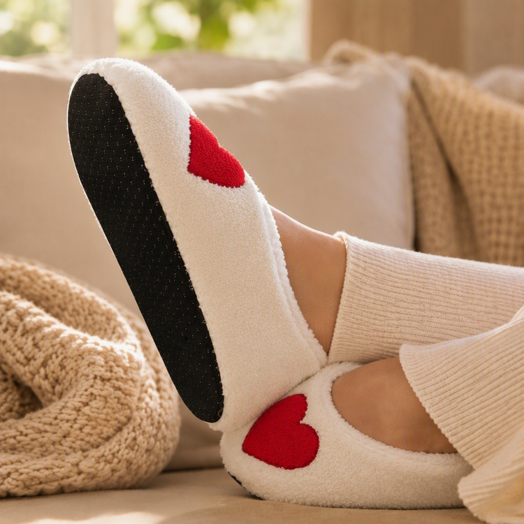 Red Heart Cream Borg Fleece Soft Sole Footsie Slippers