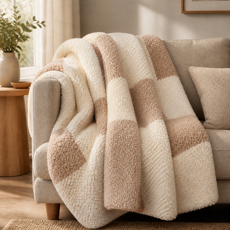 Aspen Beige Check Luxury Sherpa Fleece Throw 150x200cm