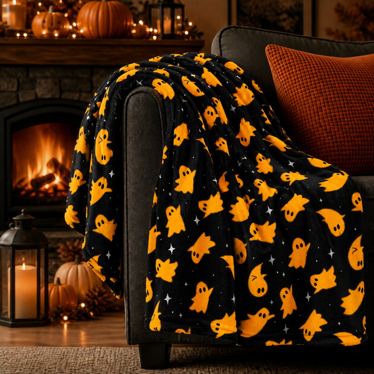 Spooky Orange Ghosts Lightweight Fleece Blanket