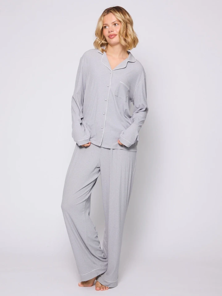 Loungeable Snooze Silver Rib Jersey Long Pyjama Set