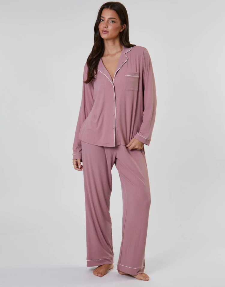 Loungeable Snooze Dusky Pink Rib Jersey Long Pyjama Set
