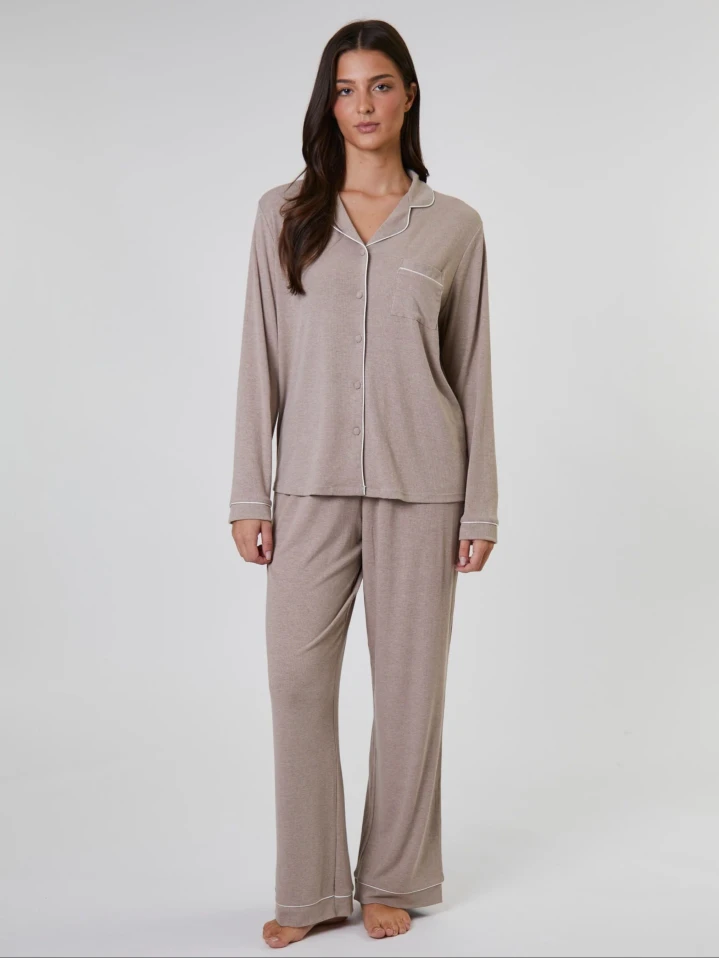 Loungeable Snooze Oatmeal Rib Jersey Long Pyjama Set