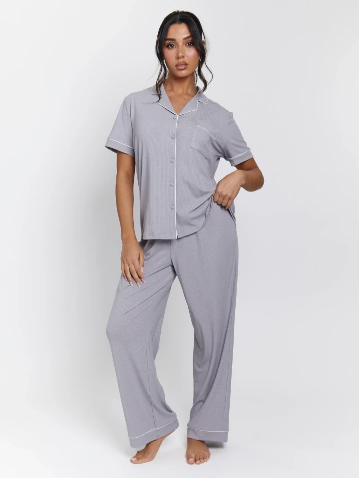 Loungeable Slumber Silver Rib Jersey Long Pyjama Set
