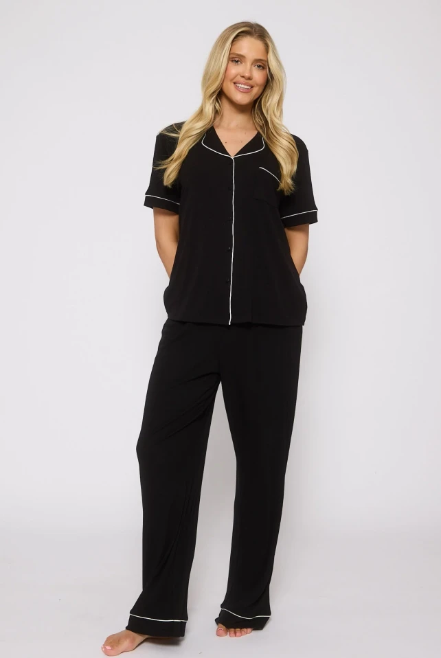 Loungeable Slumber Black Rib Jersey Long Pyjama Set
